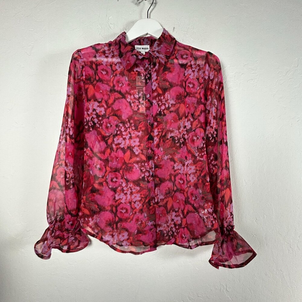 Steve Madden Womens Dark Fuchsia Floral Chiffon Button-Front Shirt Small New $69